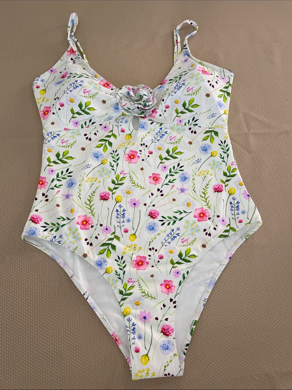 Betsey Johnson White Floral One-Piece Swimsuit with Pink, Yellow & Green Accents